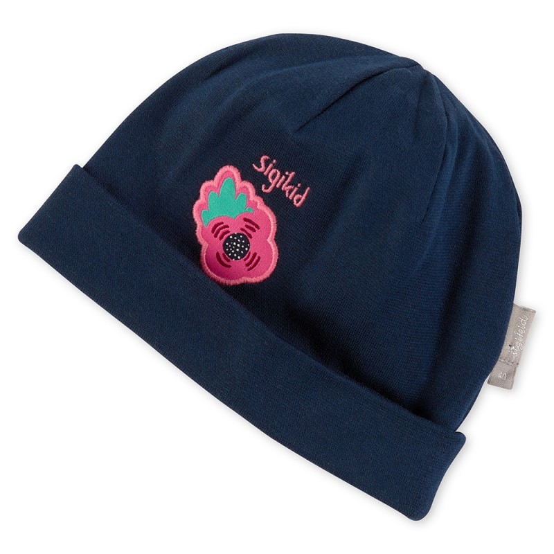 Sigikid Navy beanie hat for little girls with pink flower patch Size 042