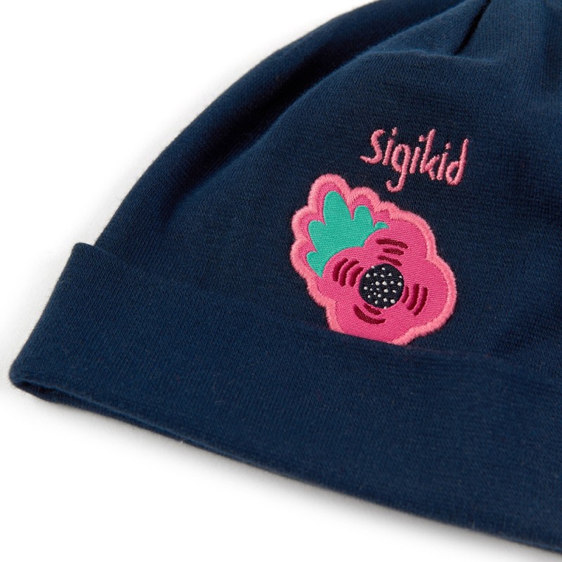 Sigikid Navy beanie hat for little girls with pink flower patch Size 042